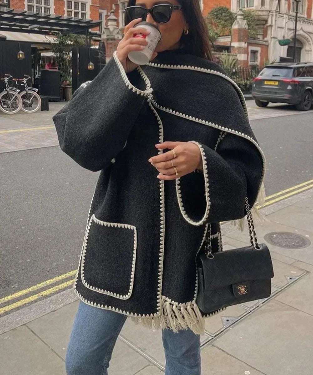 Women's coat with tassel scarf loose fit