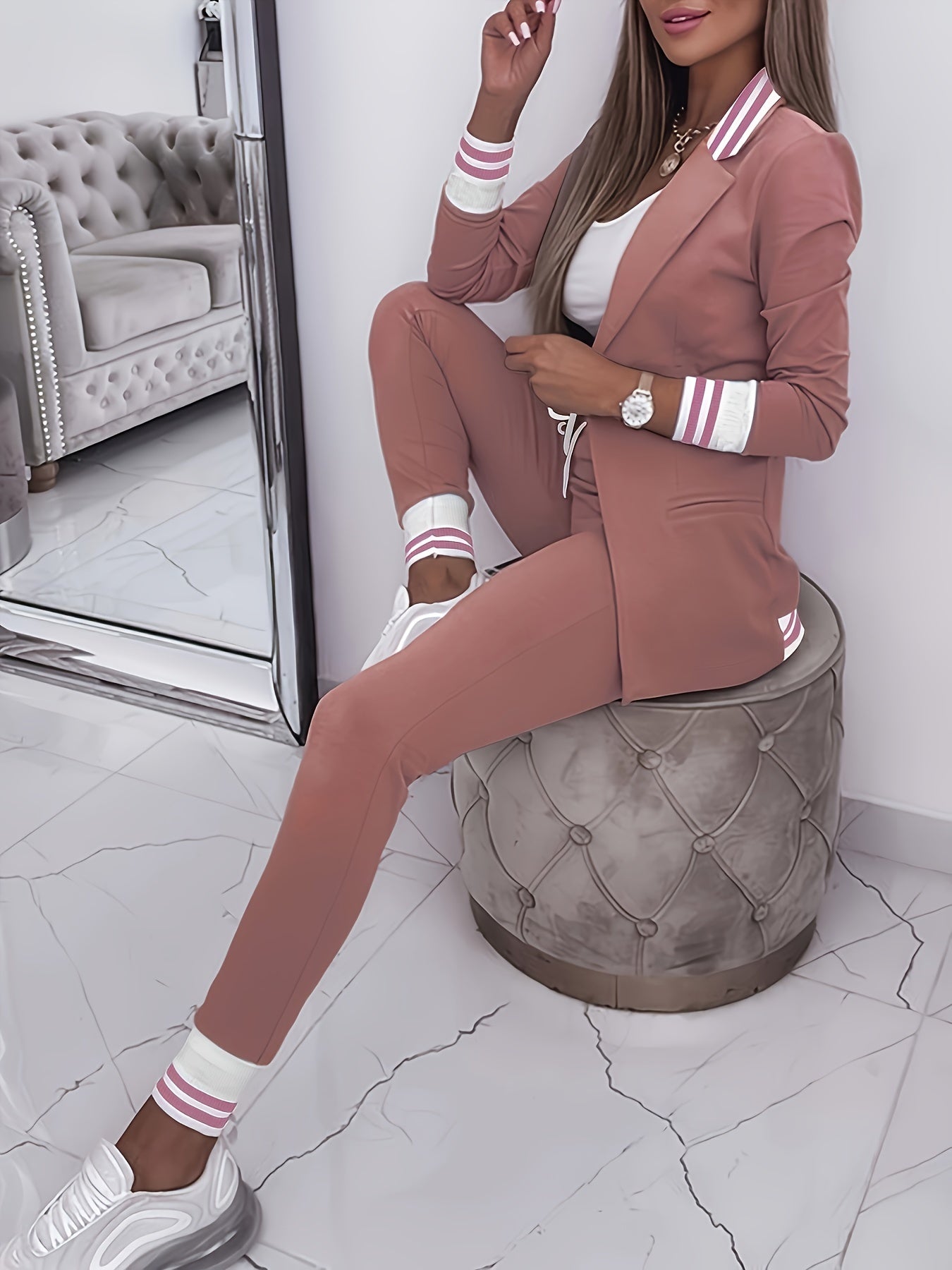Striped collar two-piece casual suit with blazer and joggers for women