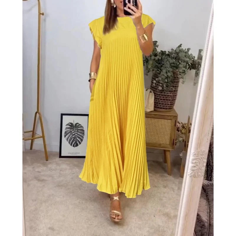 Women's Pleated Dress - Flowy Ankle-Length - Round Neck - Chic Cap Sleeves