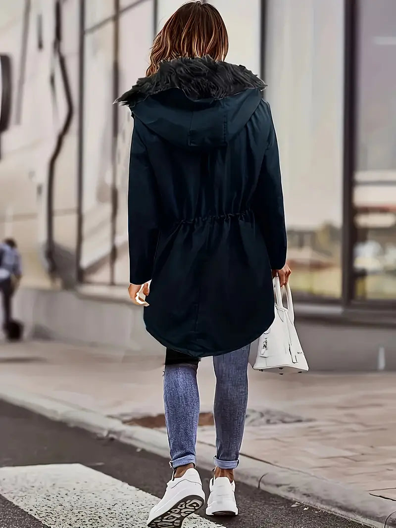 Women's winter hooded fur collar coat with front pockets