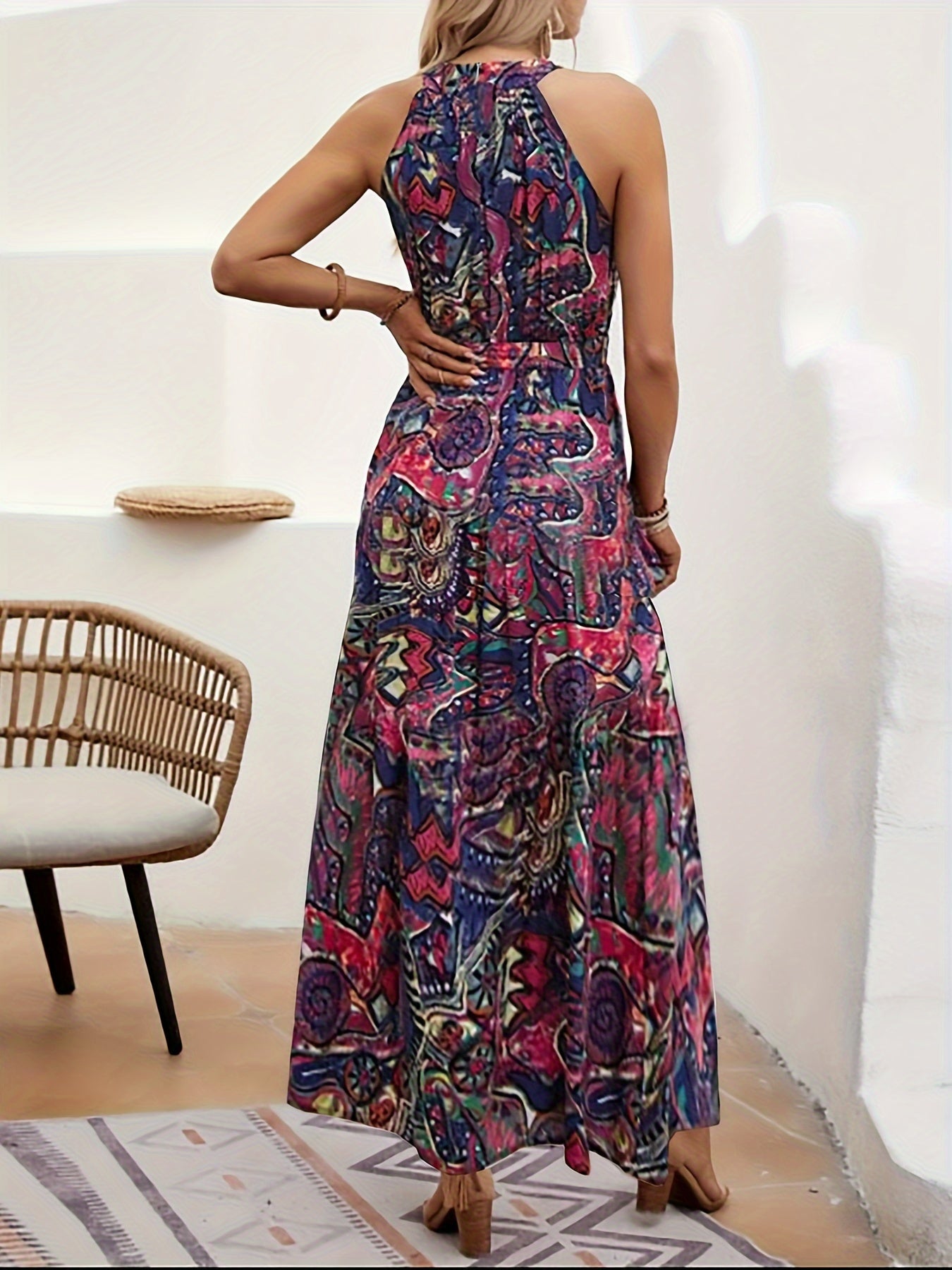 Halter-neck paisley print maxi dress with tie waist for women