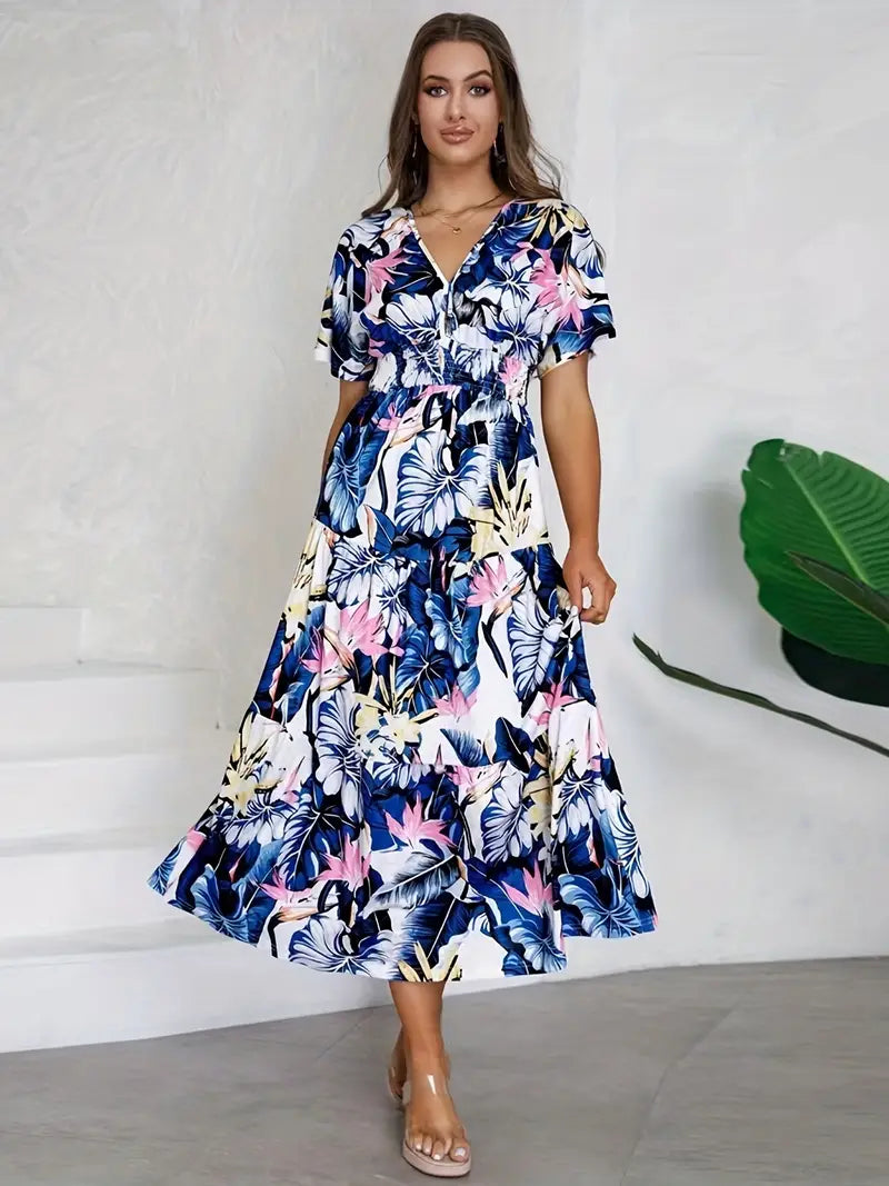 Women's Maxi Dress - Floral Print - V-Neck - Short Sleeve - Flowy Elegant Fit