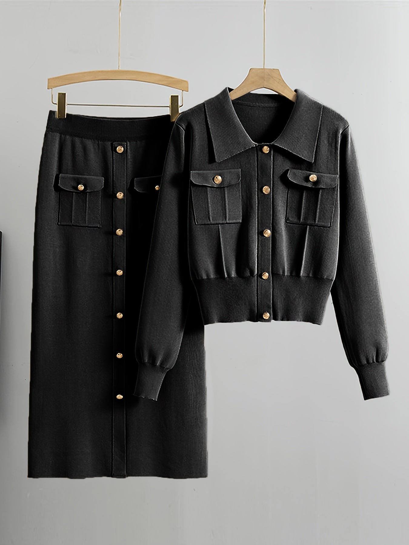 Two-piece collared button-up sweater and skirt set for women