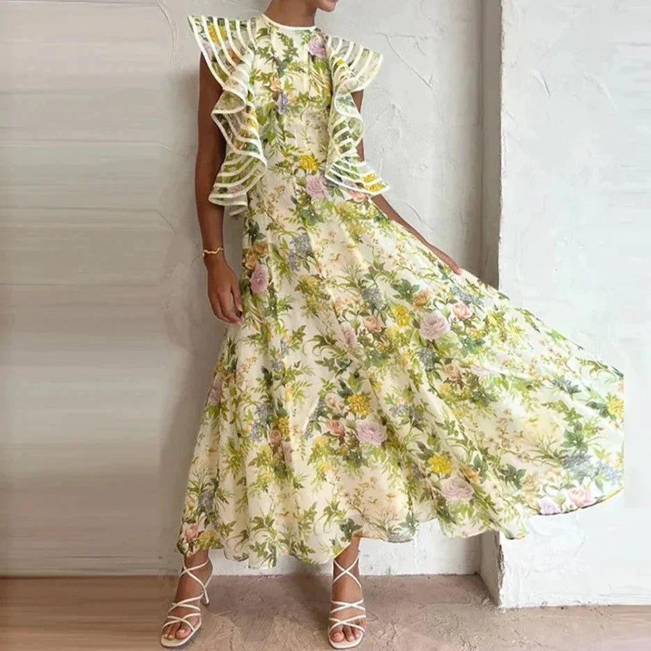Women's Floral Midi Dress - A-Line Fit - High Neck - Ruffled Cap Sleeves Elegant Style