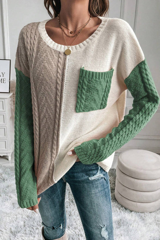 Patchwork Knitted Pullover Sweater with Pockets