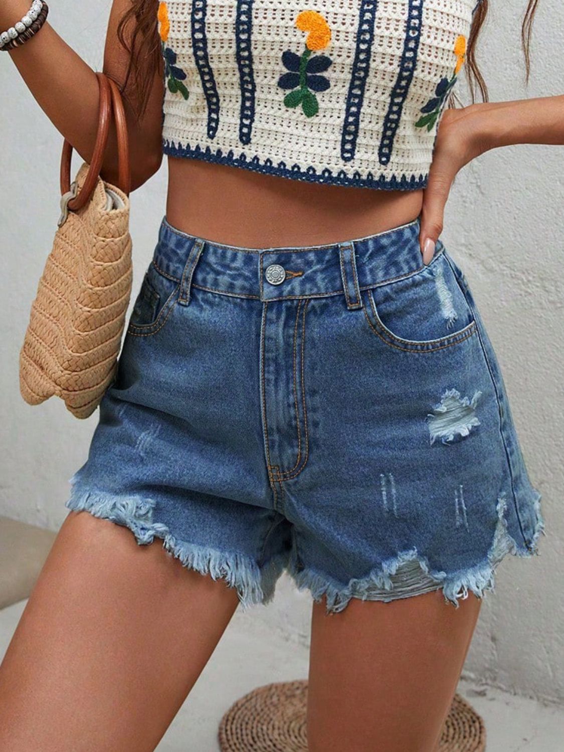 Mona - distressed raw hem denim shorts