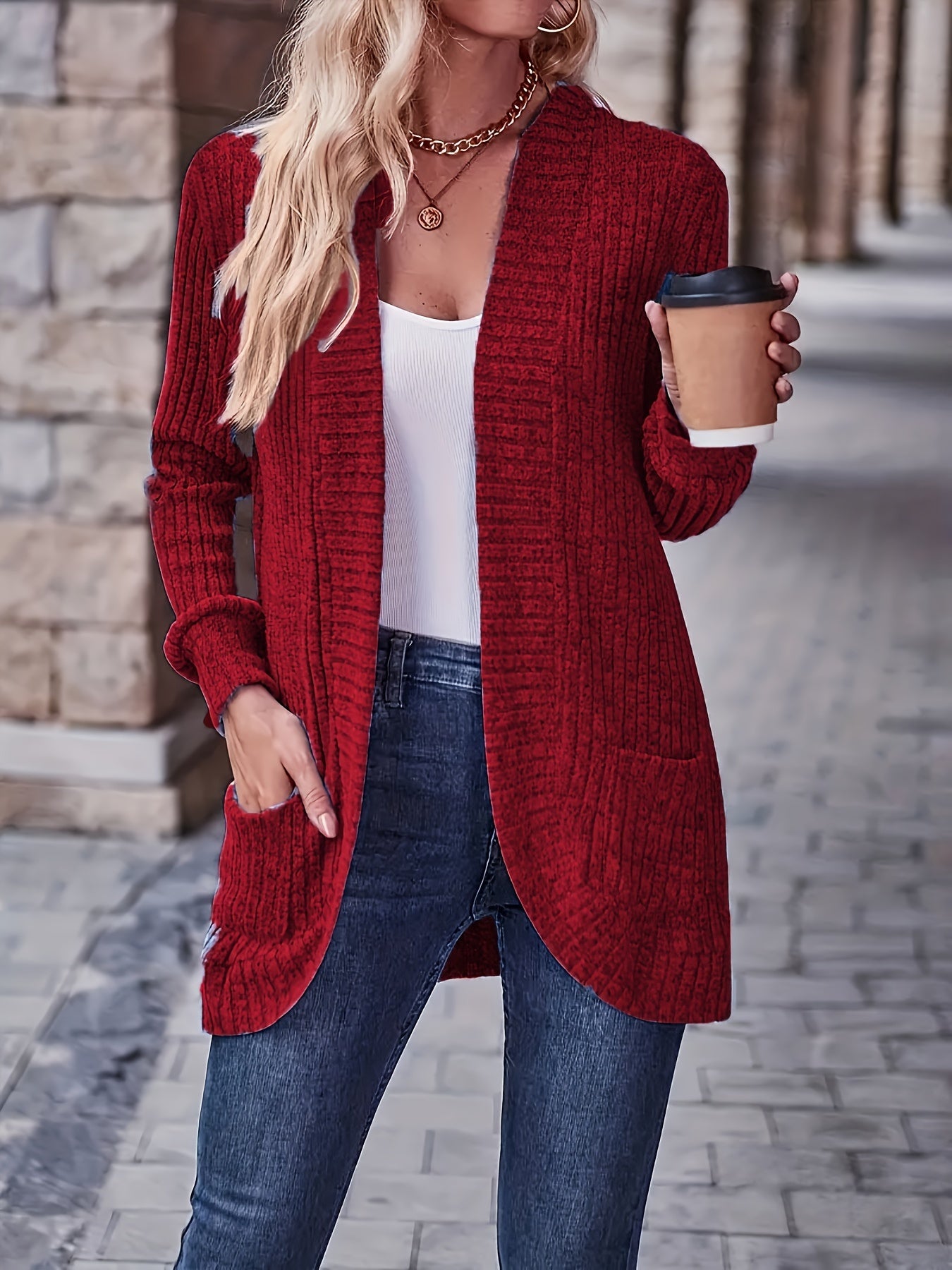 Ribbed Open Front Casual Longline Cardigan Sweater