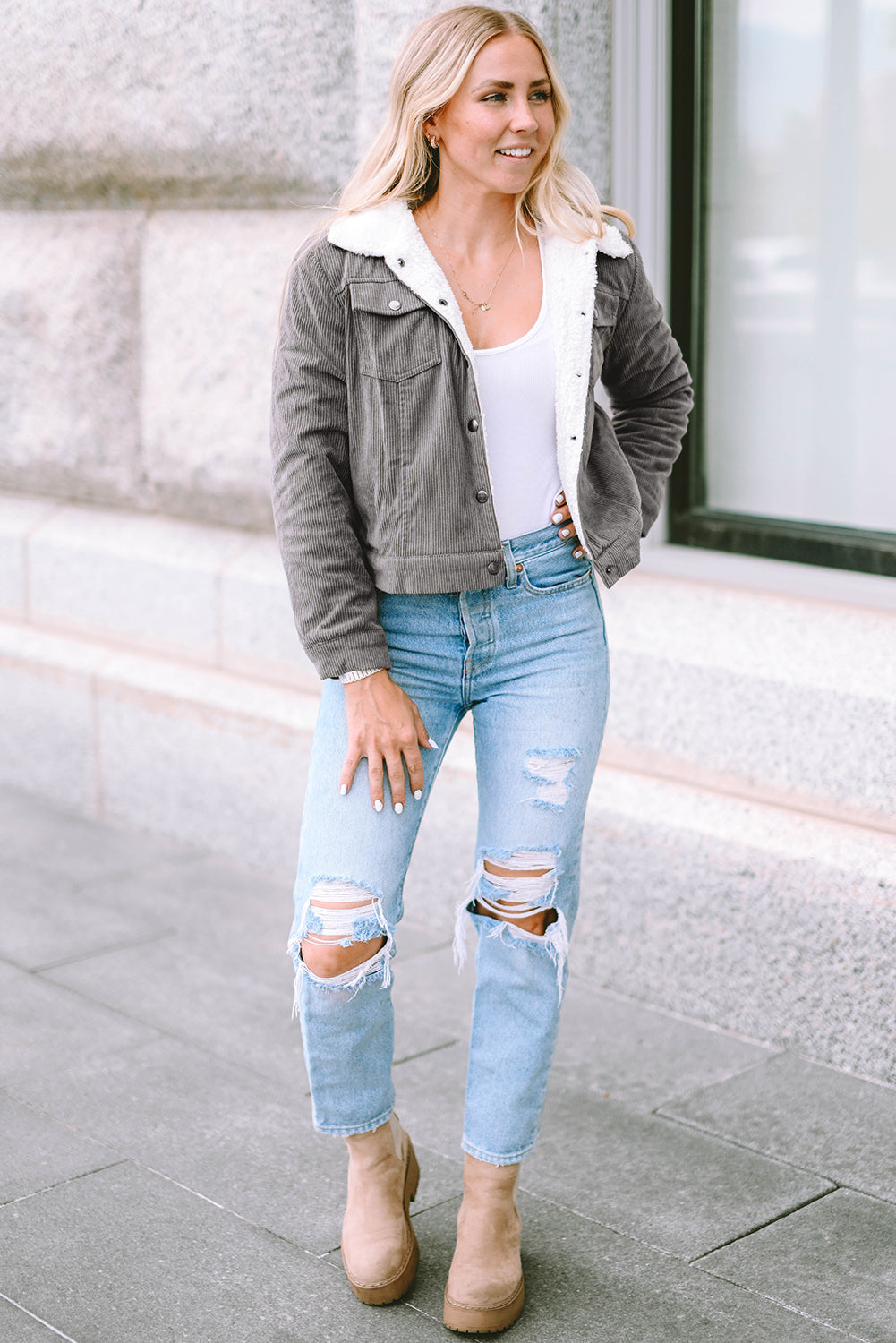 Women's Corduroy Jacket - Cropped Fit - Faux Shearling Collar - Button Closure