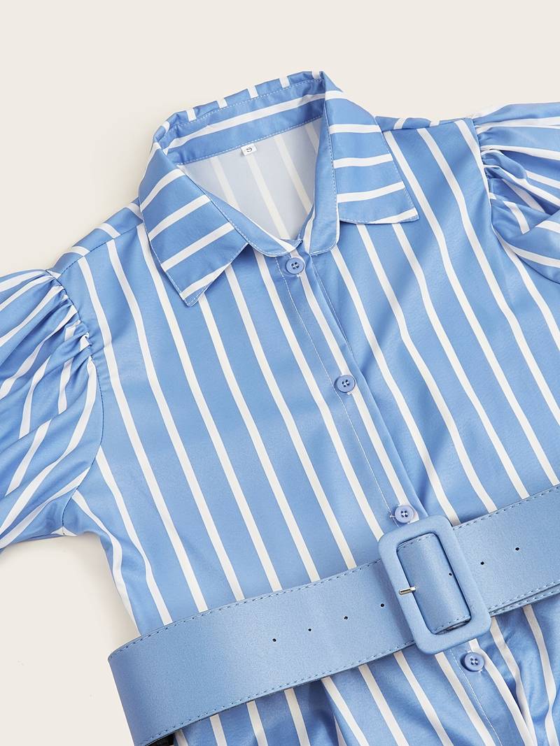 Women's Shirt Dress - Striped Pattern - Puff Sleeve - Button Down - Belted Waist