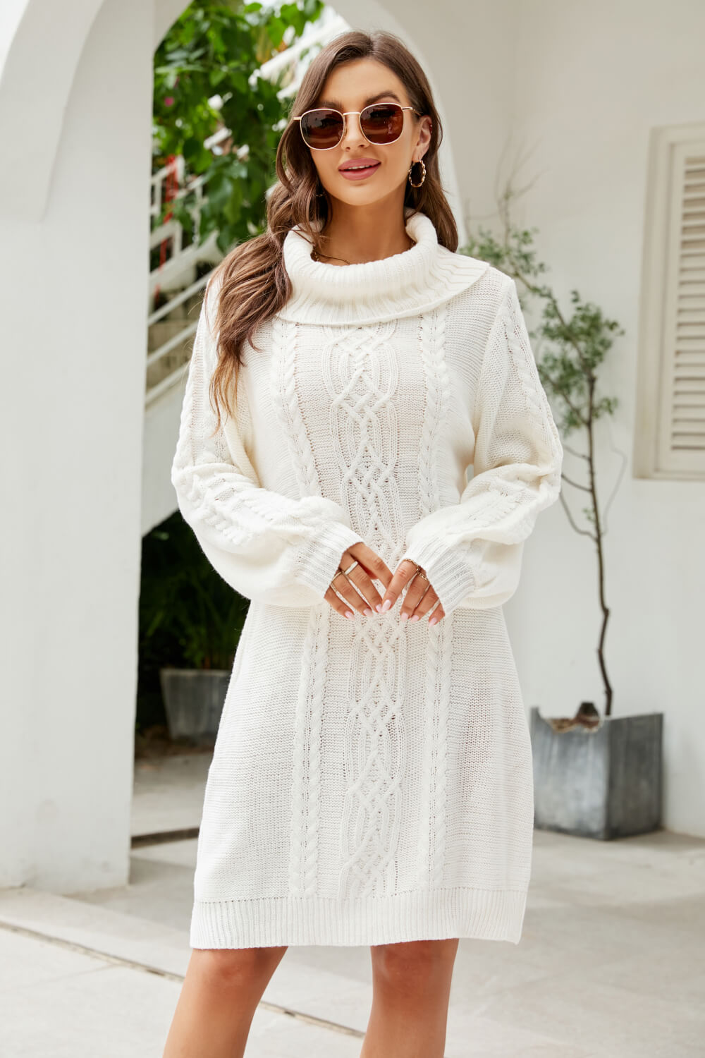 Women's Sweater Dress - Chunky Knit - Cable Pattern - Cowl Neck - Oversized Fit