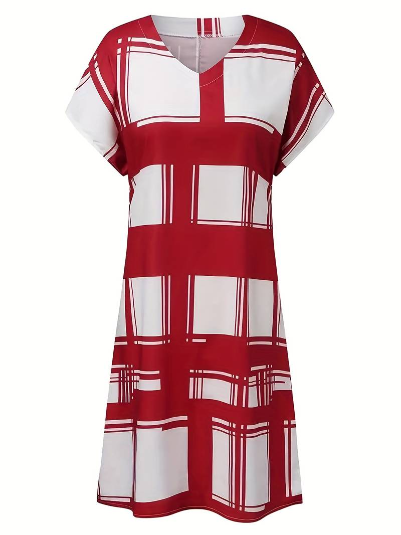 Women's Midi Dress - Loose Fit - V-Neck Short Sleeve - Geometric Pattern - Ruffle Hem