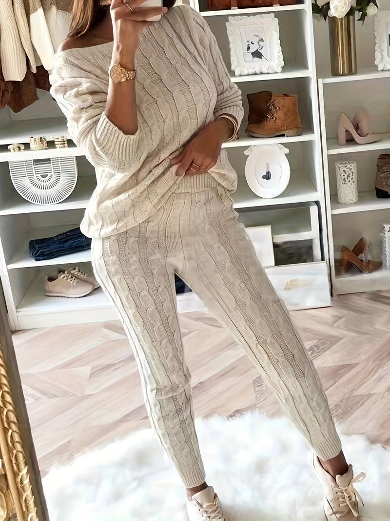 Women's Knit Sweater Set - Cable Knit - Oversized Off-Shoulder Sweater & Slim Pants