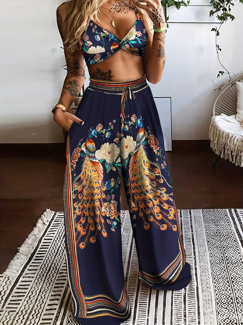 Women's Two-Piece Set – Bralette Crop Top & High-Waisted Wide-Leg Pants – Boho Chic