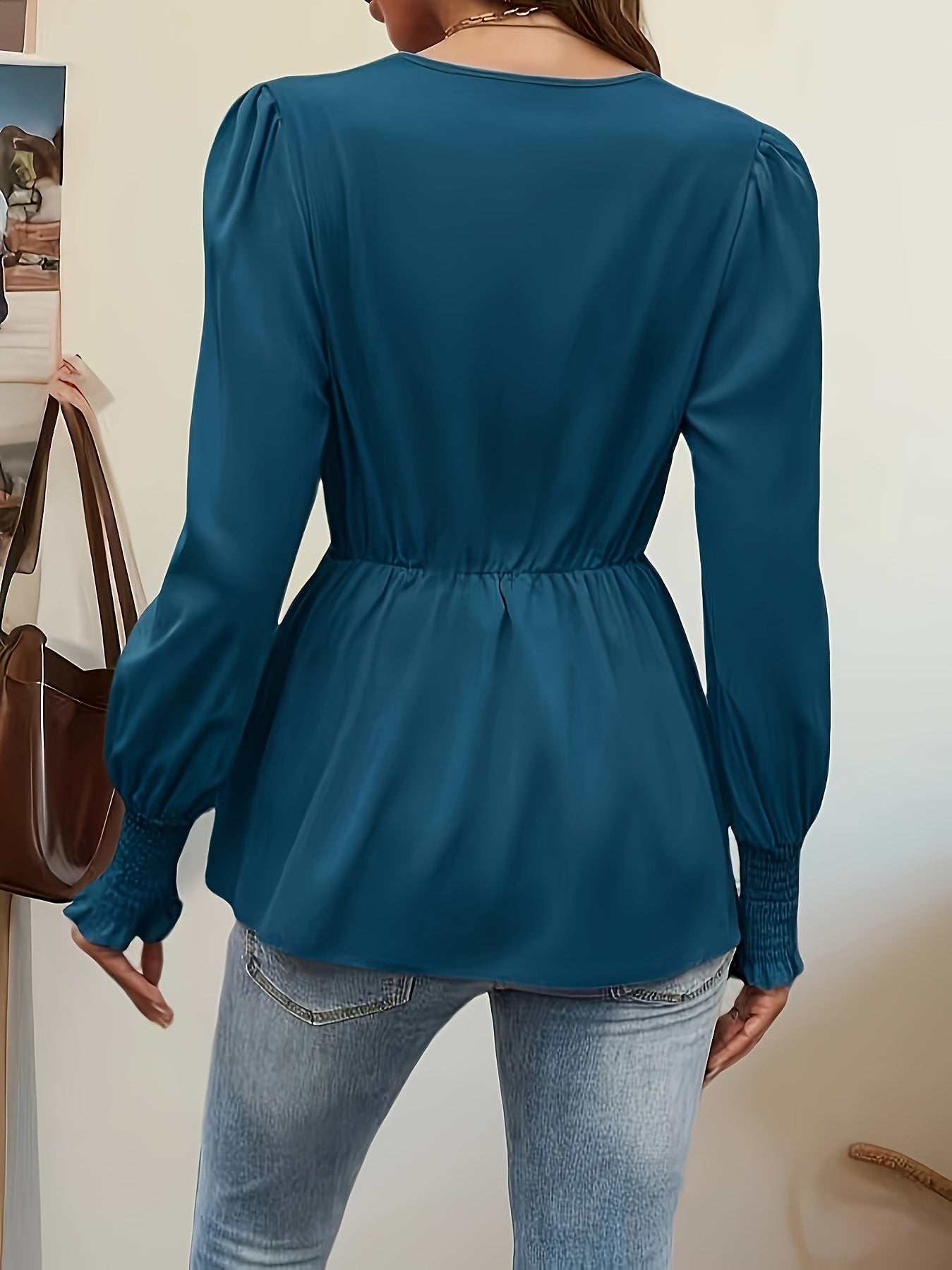 Women's Wrap Blouse - V-Neck - Long Puff Sleeves - Smocked Cuffs - Tie Waist