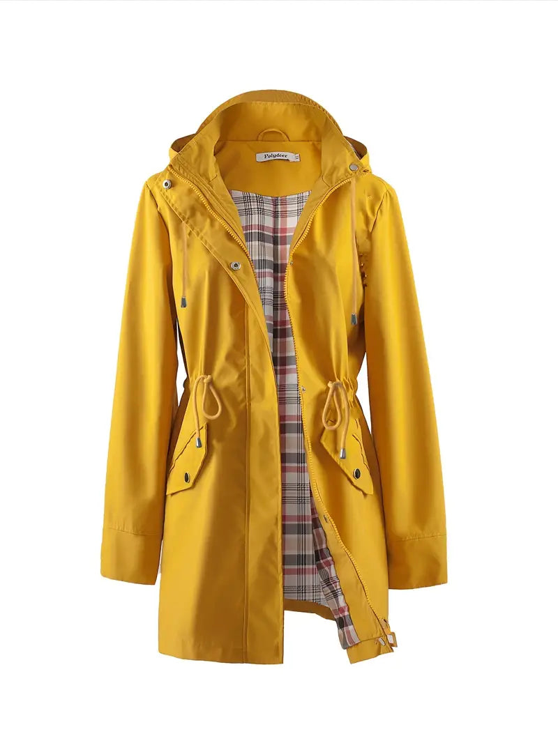 Women's casual windproof plaid hooded trench coat