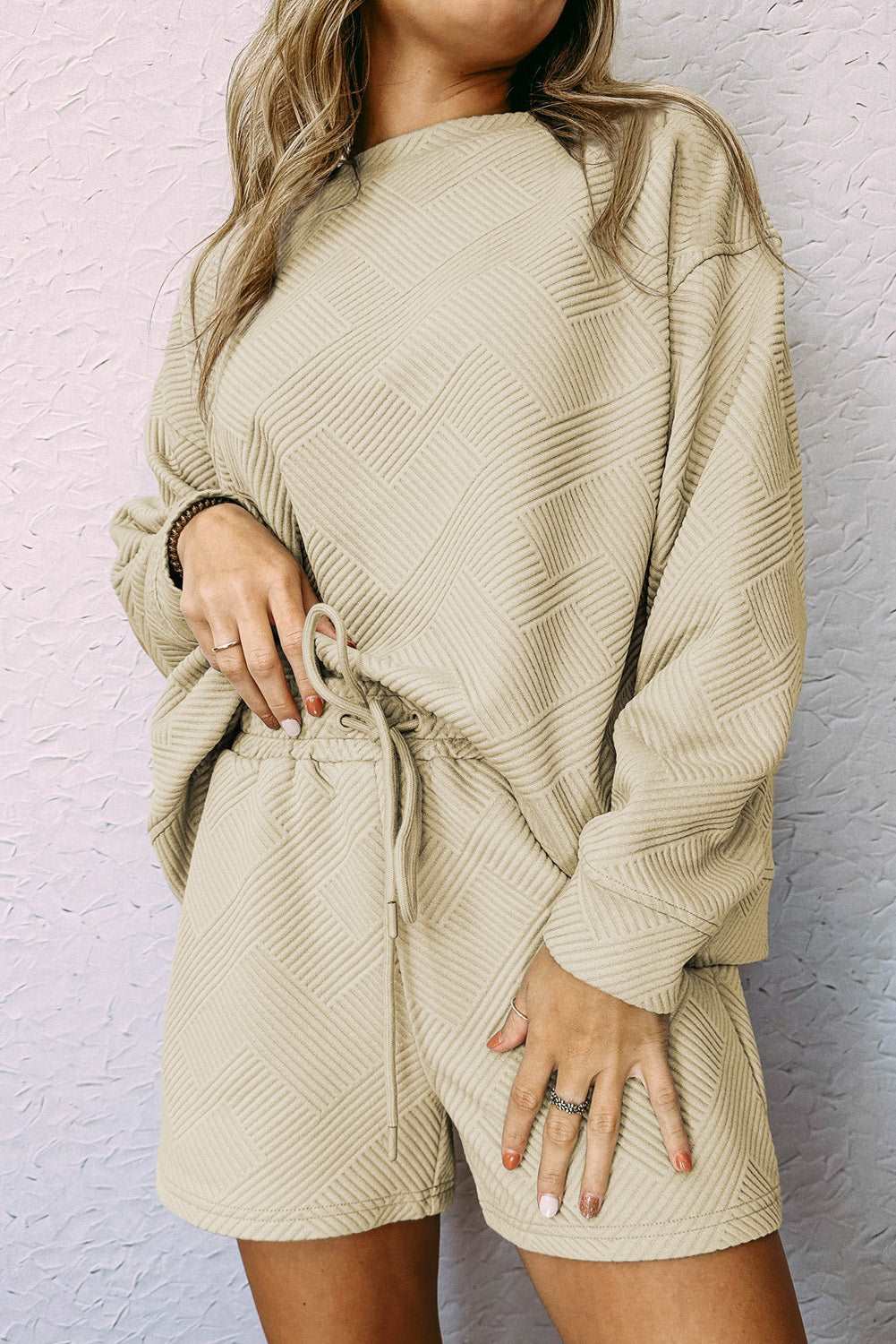 Women’s Lounge Set – Textured Knit – Relaxed Fit – Long Sleeve Top & Adjustable Shorts