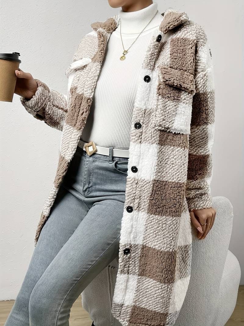women's long checkered teddy jacket with buttons
