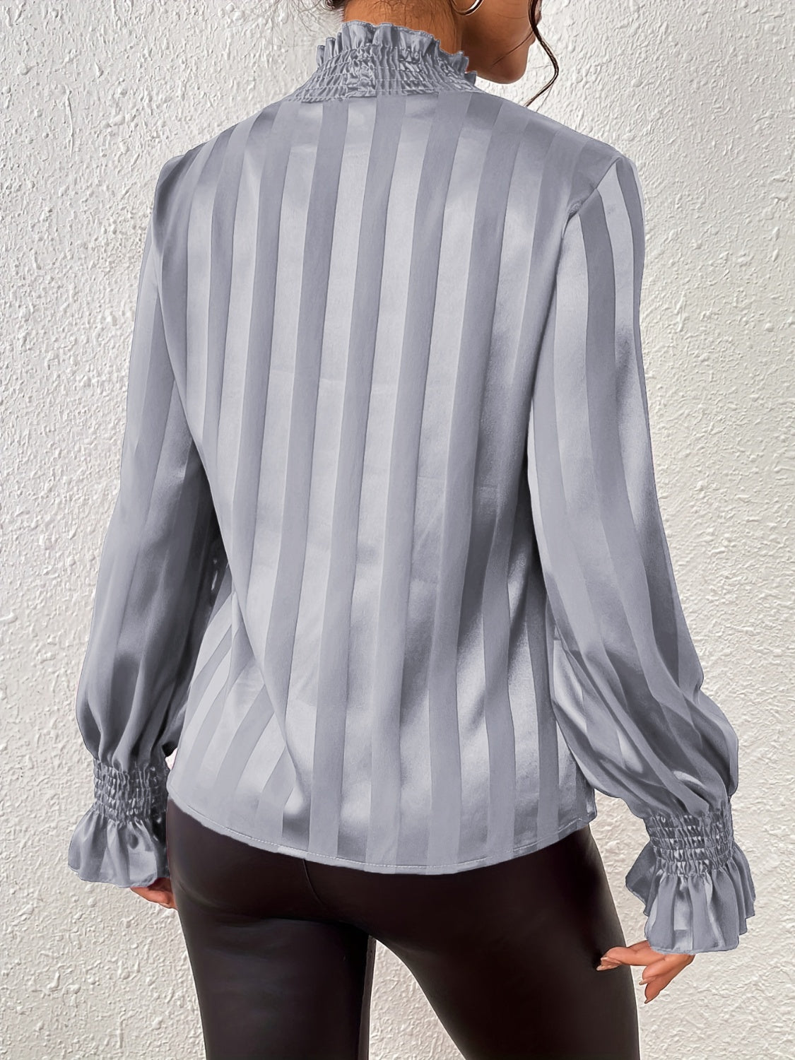 Women's Blouse - High Smocked Neck - Long Sleeve Ruffle Cuffs - Glossy Finish