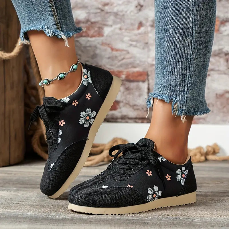 Floral Print Comfortable Lace-Up Sneakers