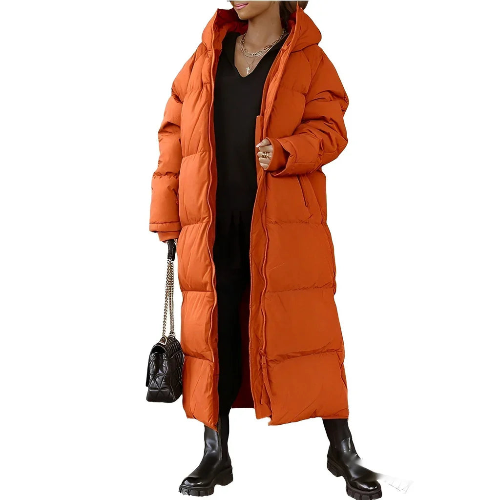 Women’s Long Coat – Oversized Fit – Quilted Padded Hooded Full-Length Outerwear