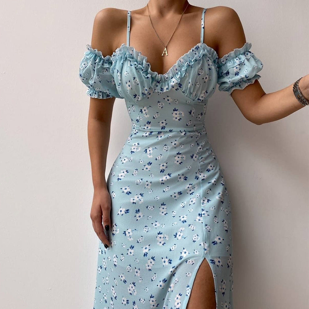 Women's Floral Dress - Off Shoulder Ruffle Sleeve - Spaghetti Straps - Maxi Length Slit