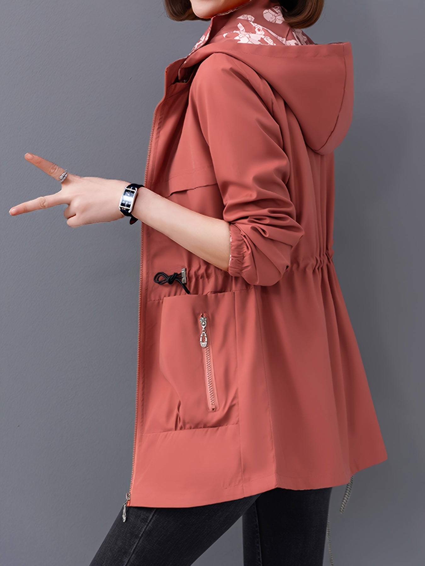 Women's stylish double-sided hooded coat with pockets
