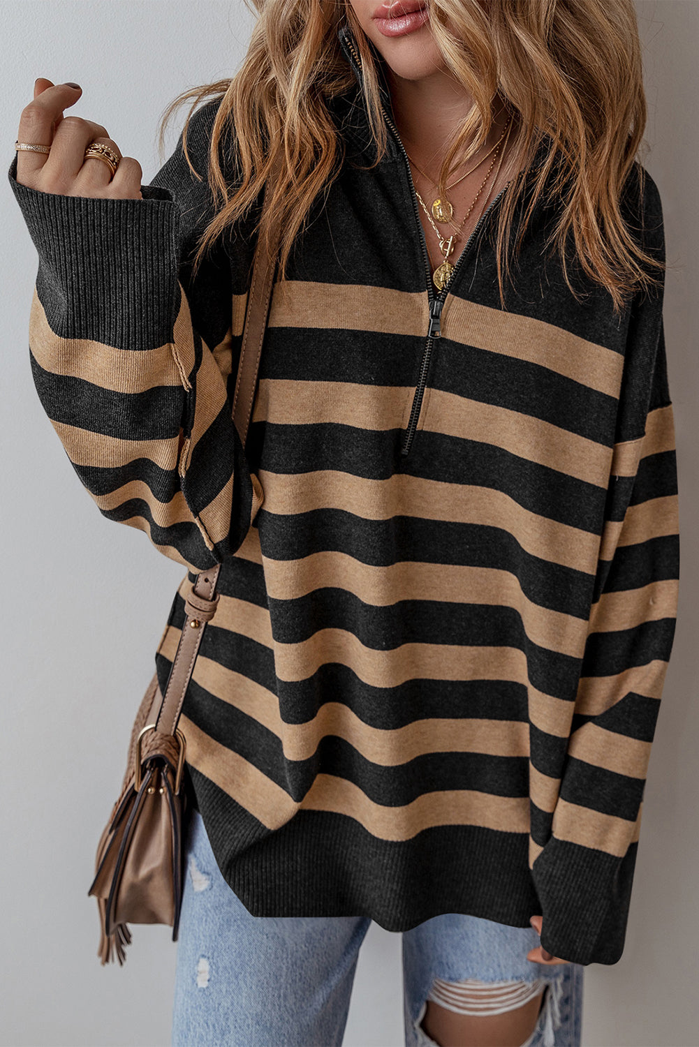 Trendy casual long-sleeved stripe pattern pullover sweater for women