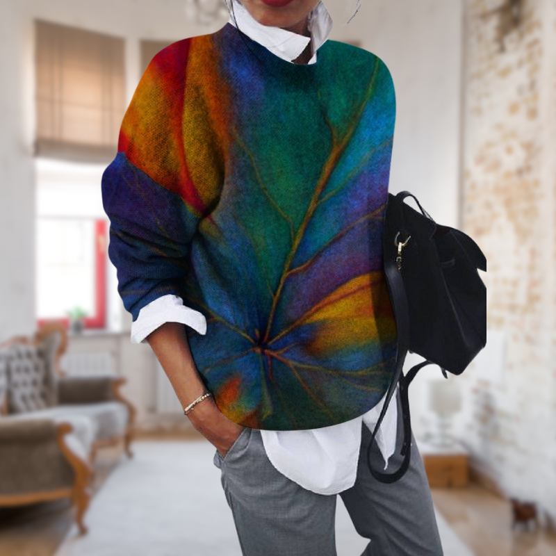 Women's Oversized Sweater - Abstract Leaf Pattern - Loose Fit - Soft Textured Knit