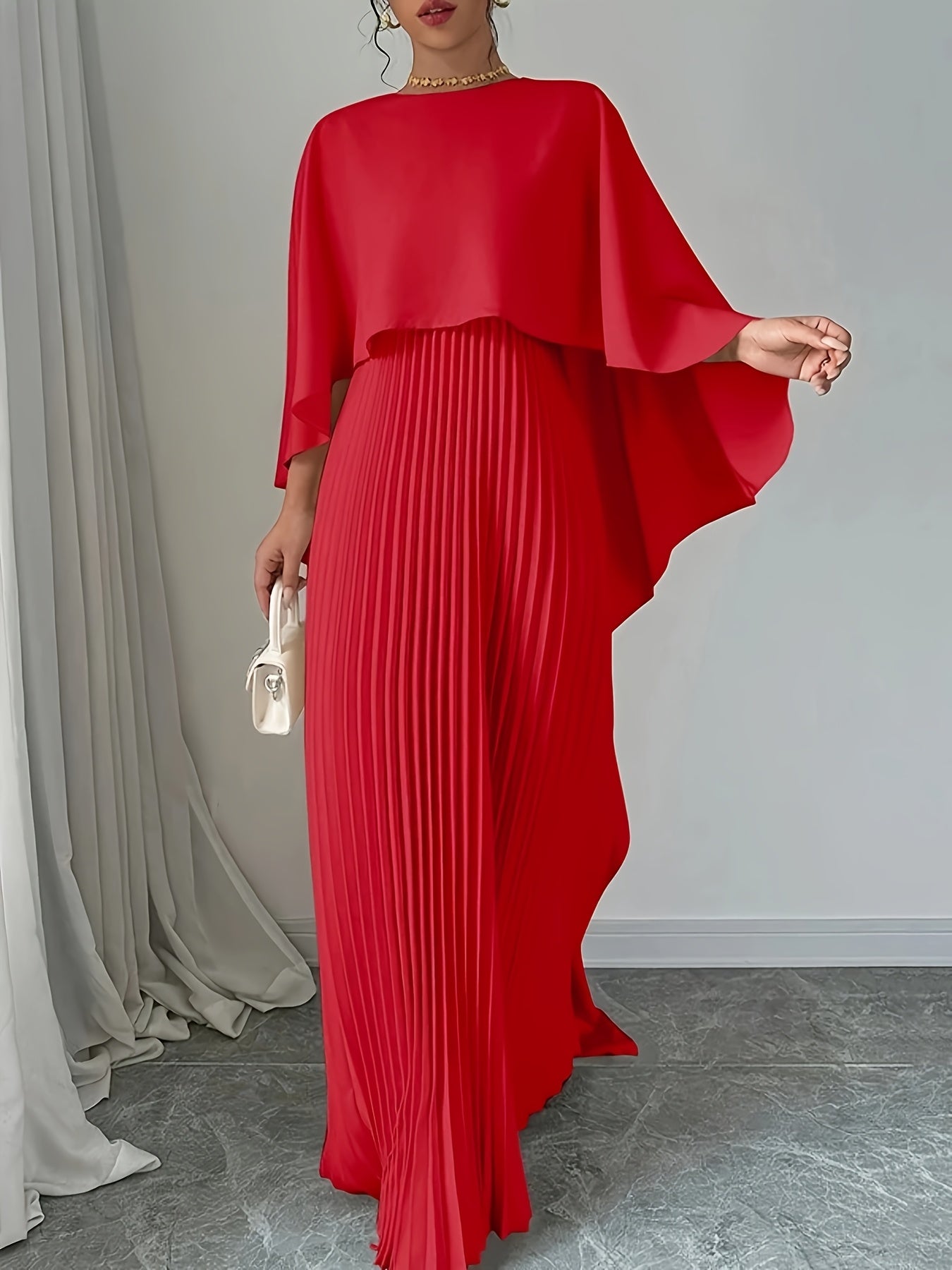 Elegant Pleated Maxi Cape Dress