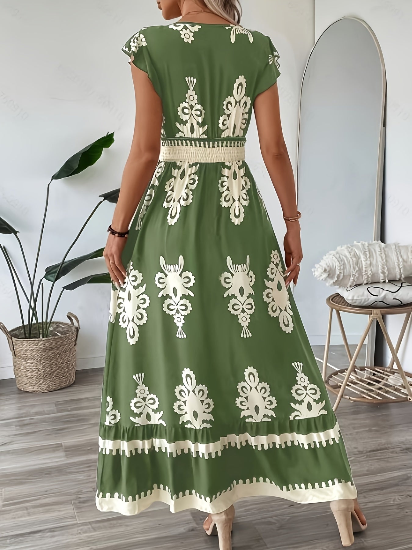 Women's Maxi Dress - V-Neck - Cap Sleeve - Smocked Waist - Flowy Elegant Fit