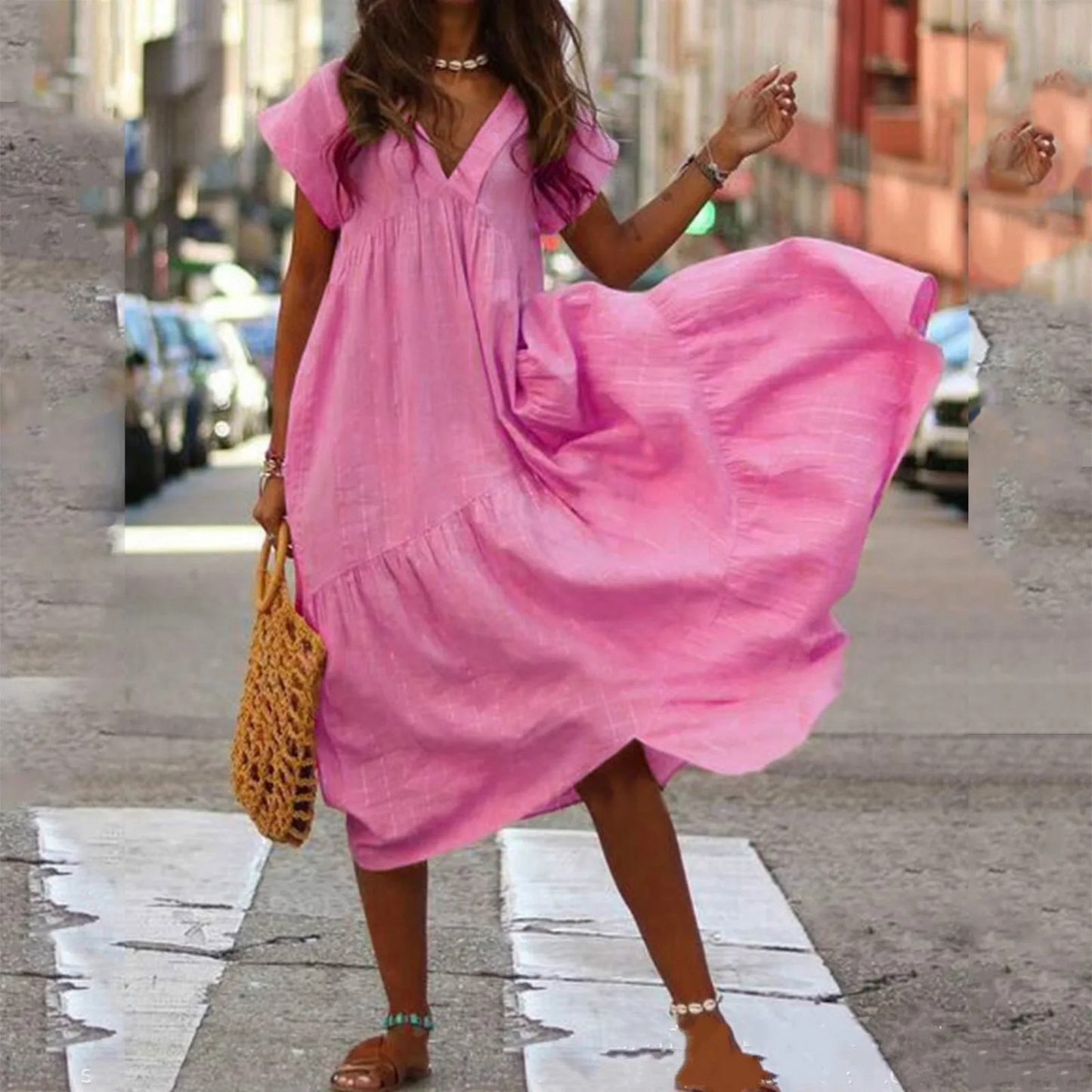 Women's Dress - Flowy Knee-Length - Deep V-Neck - Short Flutter Sleeves - Lightweight