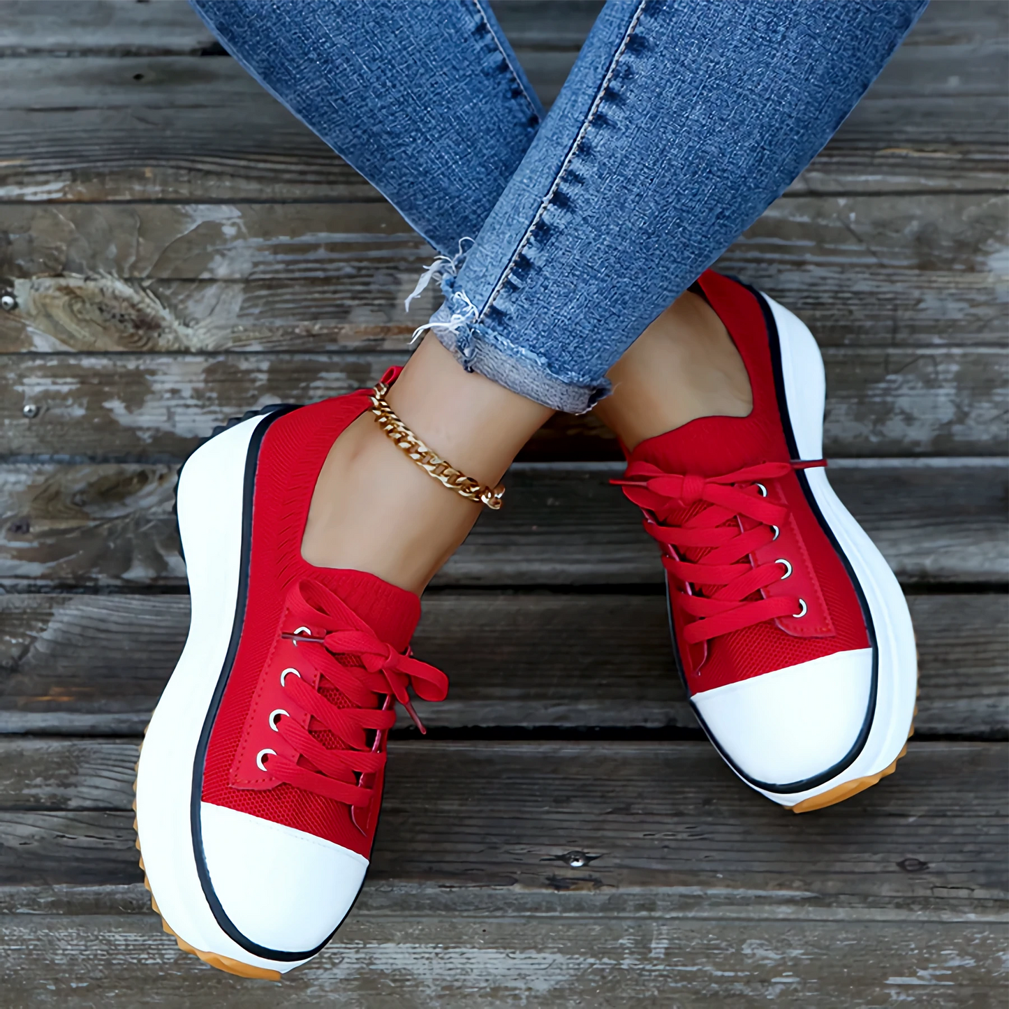 Women’s Sneakers – Soft Knit Upper – Platform Sole – Lace-Up Breathable Fit