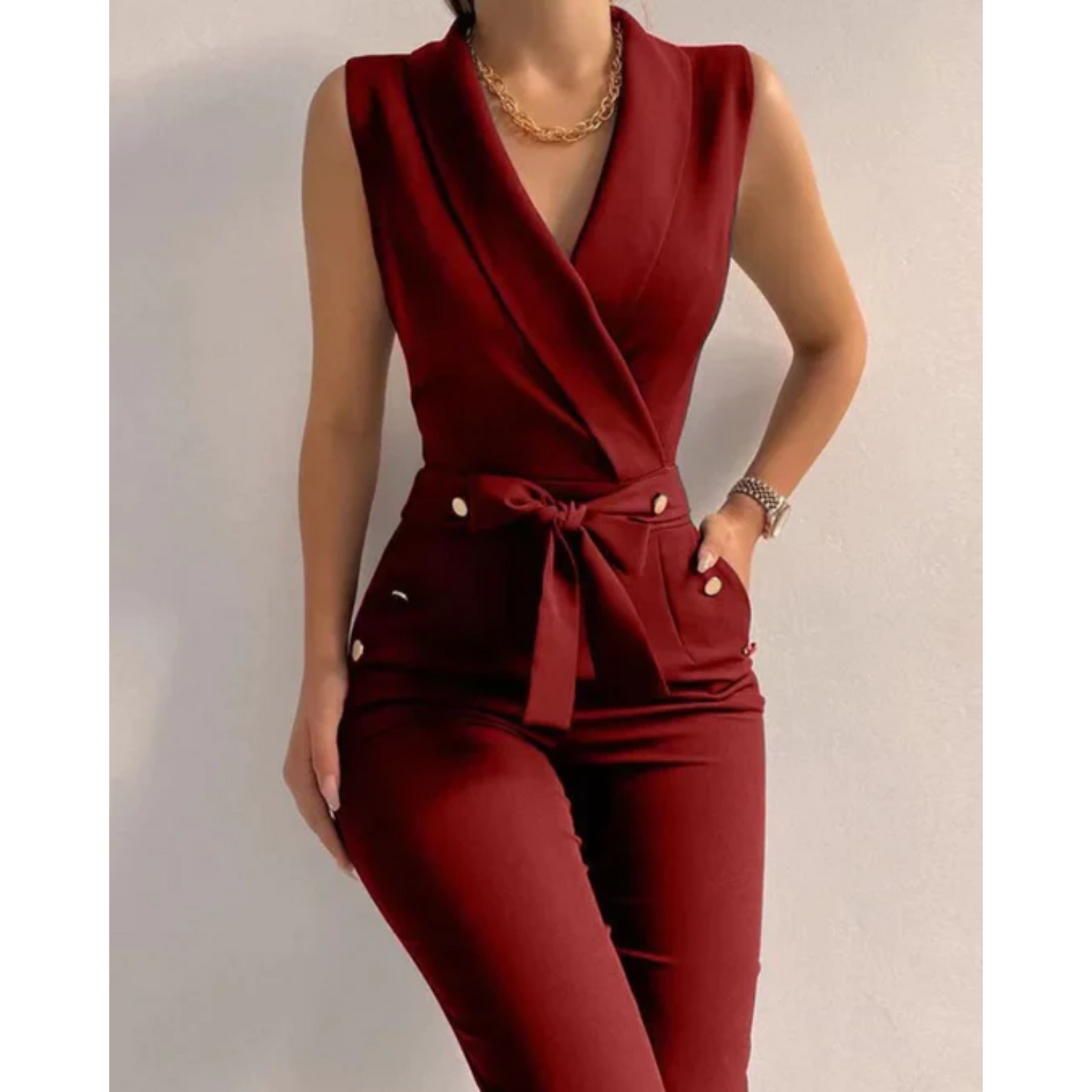Women's Jumpsuit - Sleeveless V-Neck Wrap - Tie Waist with Button Detail - Straight Leg