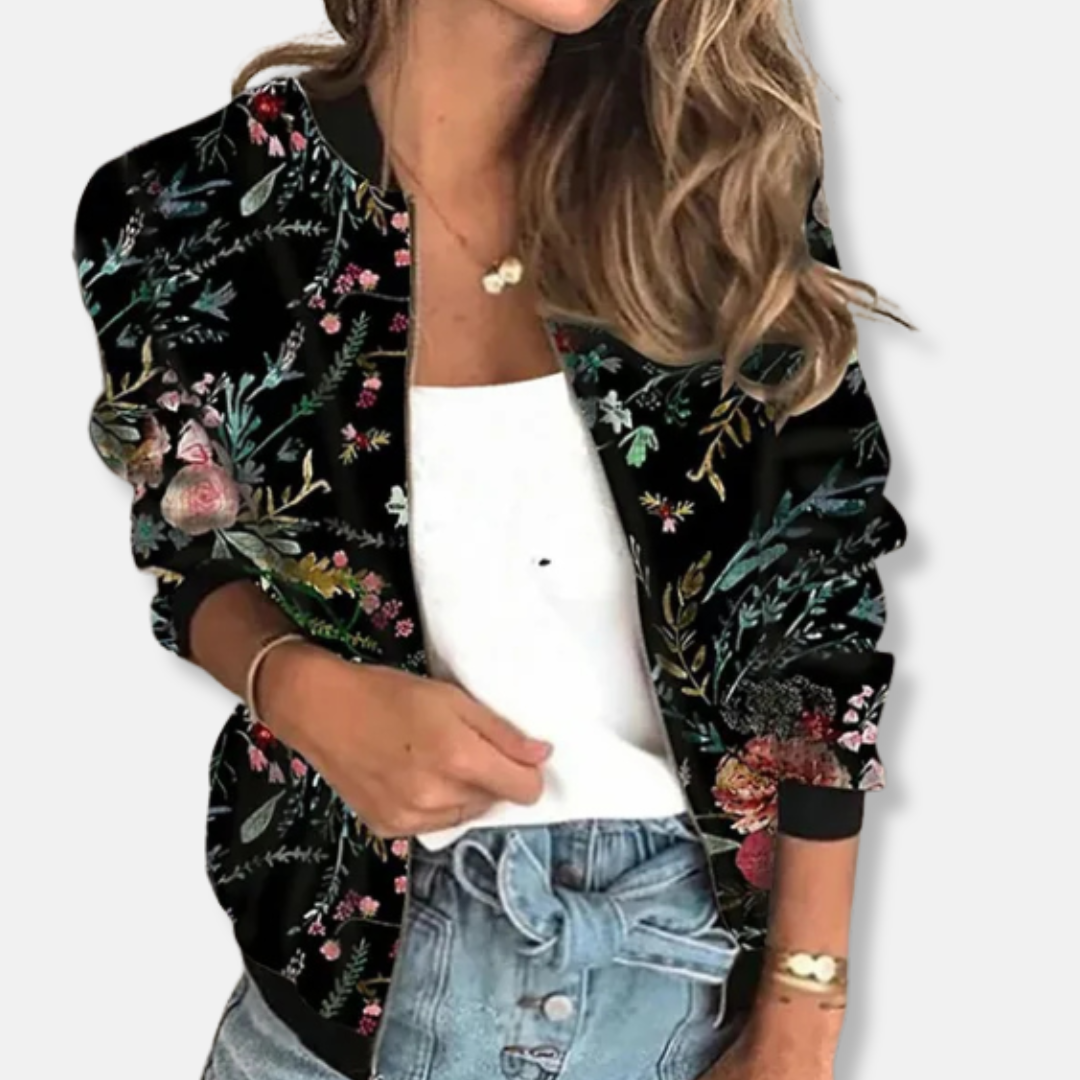 Isabella Relaxed Fit Bomber Jacket | Succulent Print Ribbed Collar Bomber Jacket