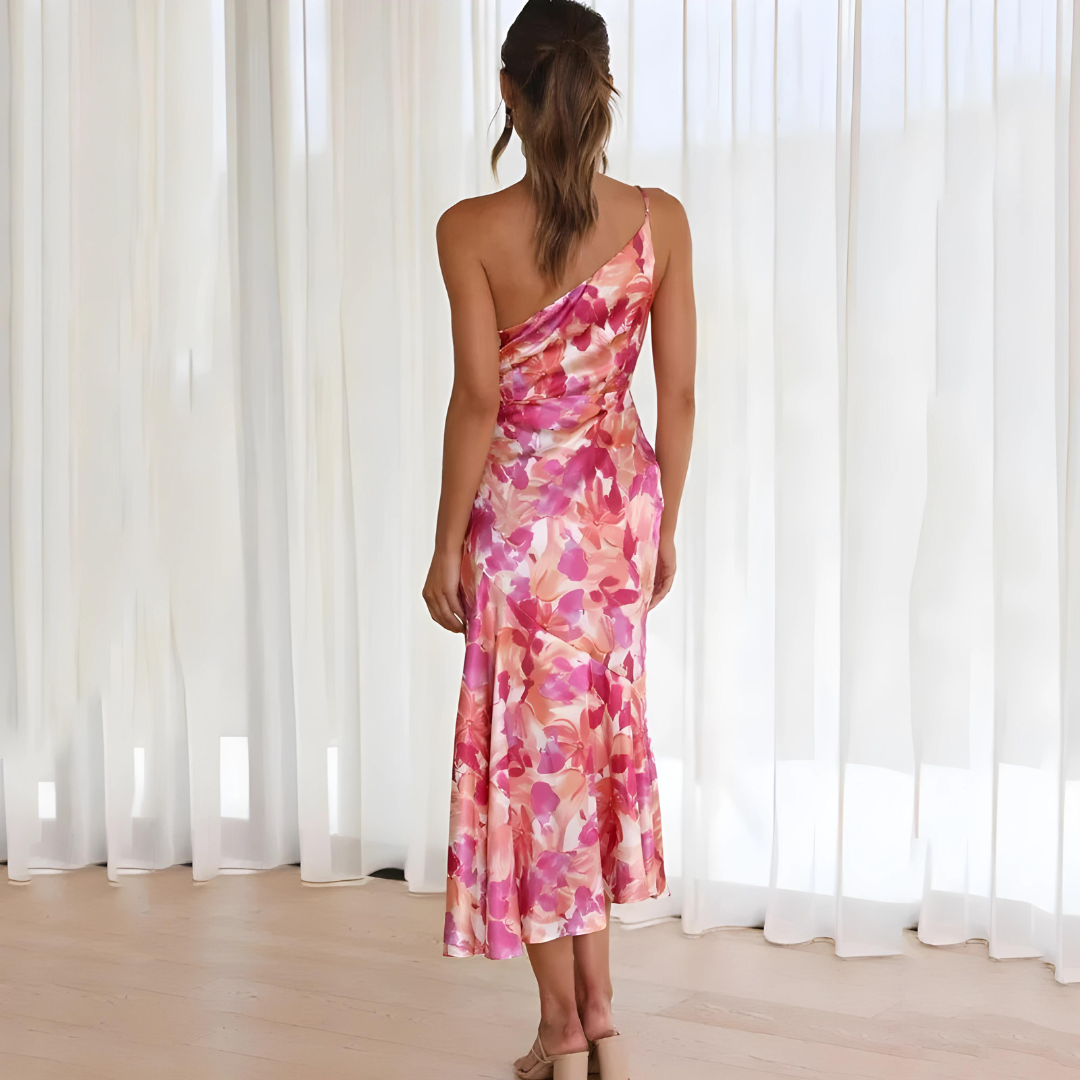 Women's One-Shoulder Dress - Floral Print - Midi Length - Elegant A-Line Fit