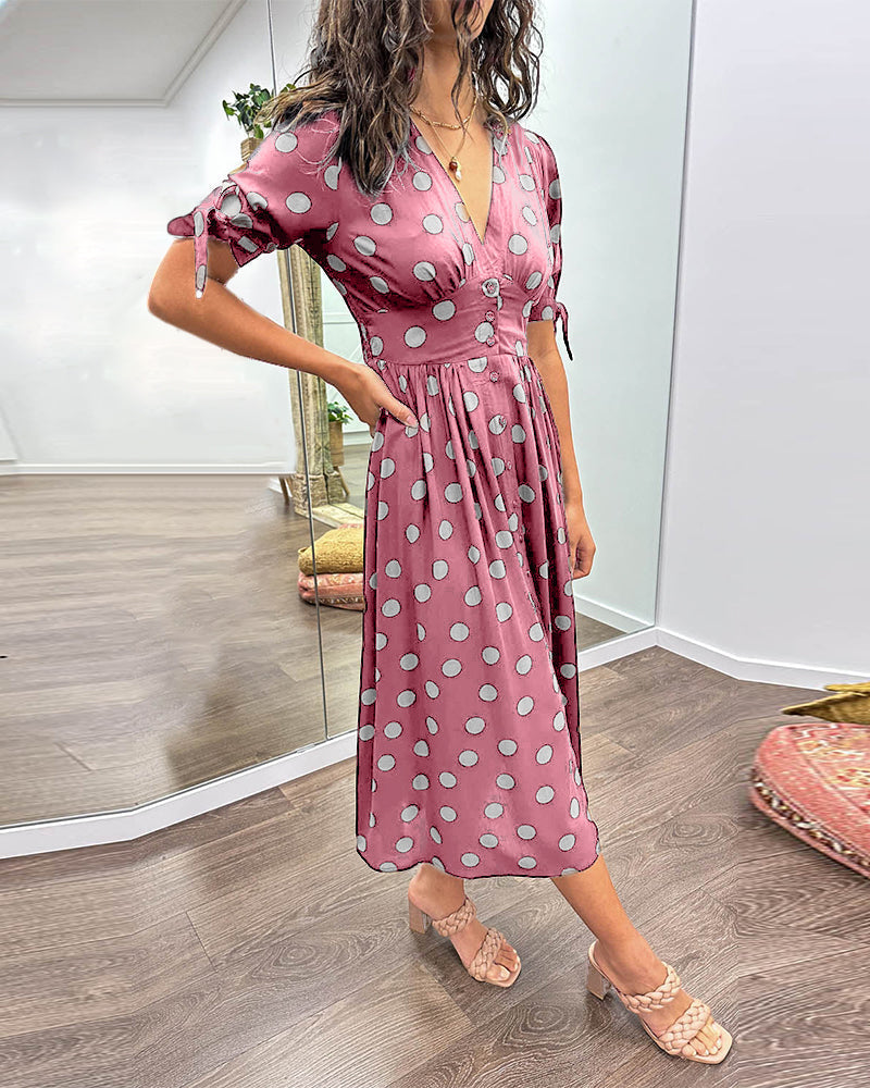 Women's Midi Dress - Fit and Flare - V-Neck - Short Sleeve with Tie Detail - Button Front