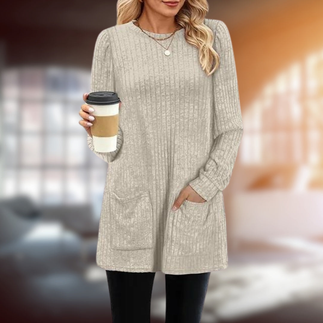 Women's mid-length knit round neck with pockets sweater
