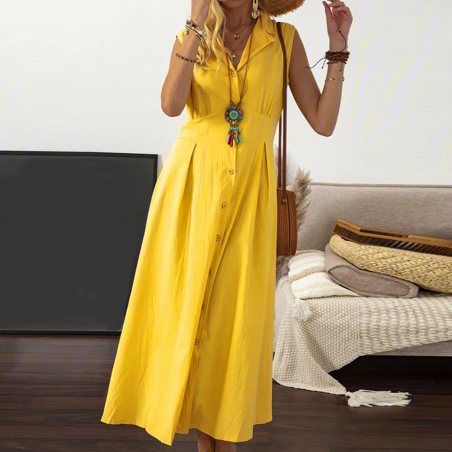 Women’s Button-Down Midi Dress - Collared V-Neck - Sleeveless A-Line Silhouette
