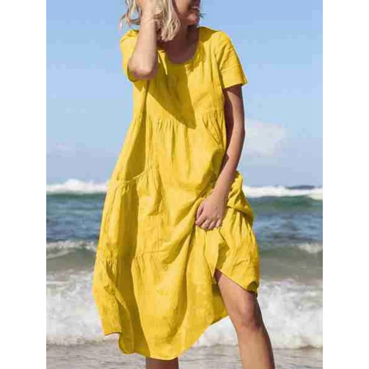 Women's Midi Dress - Short Sleeve Loose Fit - Lightweight Linen - Round Neck