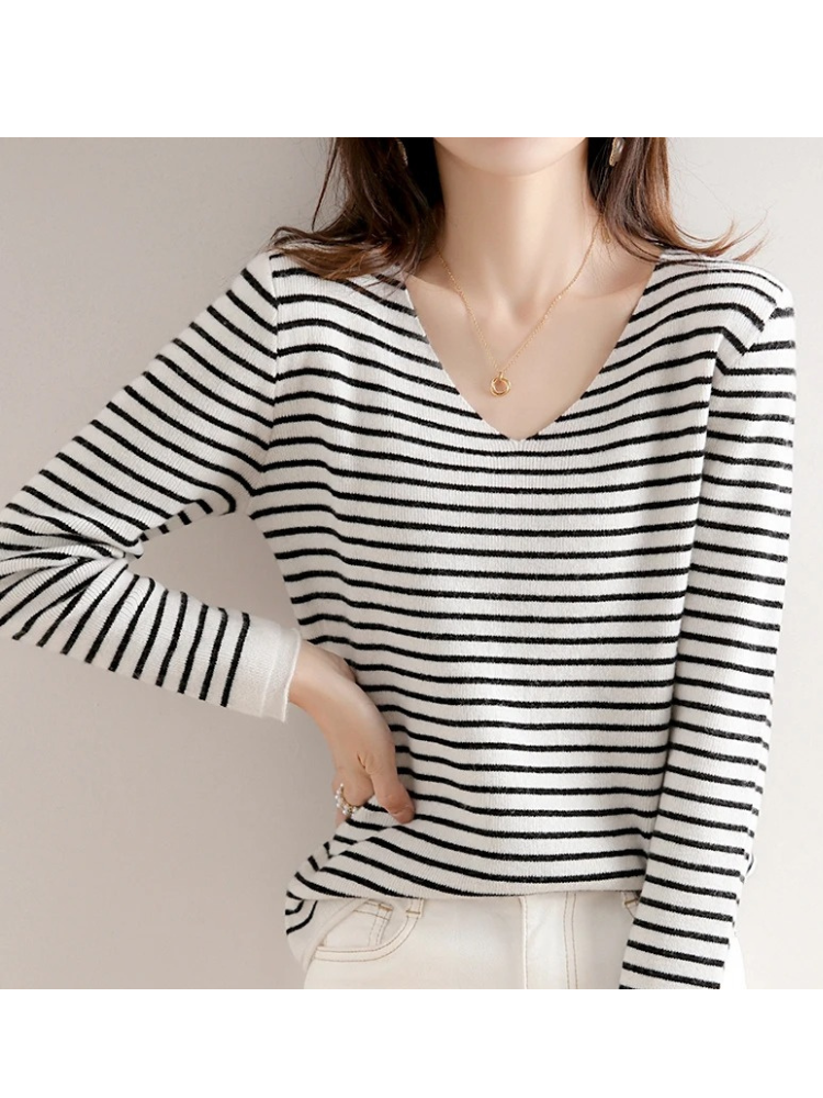 Women's V-Neck Sweater - Soft Knit - Fitted Long Sleeve - Striped Casual Wear