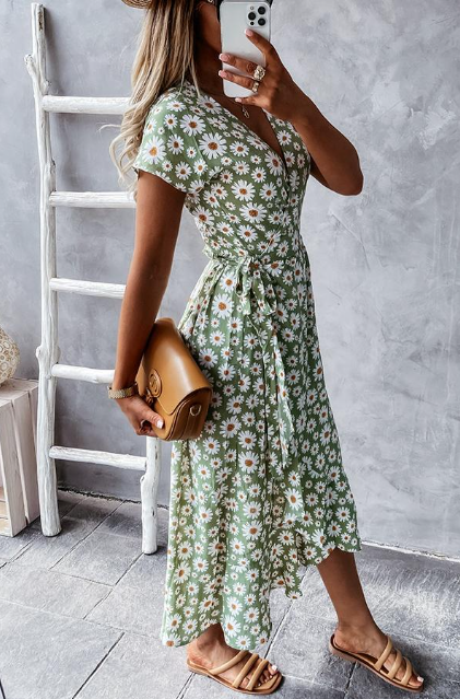 Women's Midi Dress - Floral Print - Short Sleeve - Lightweight Flowy Fit