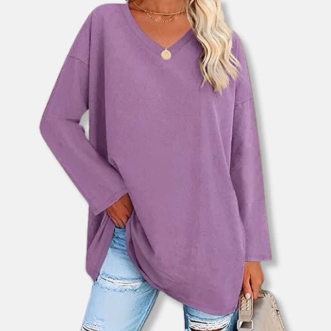 Florence Cotton Oversized V-Neck Tunic Top | Side Slits Curved Hem Tunic Top