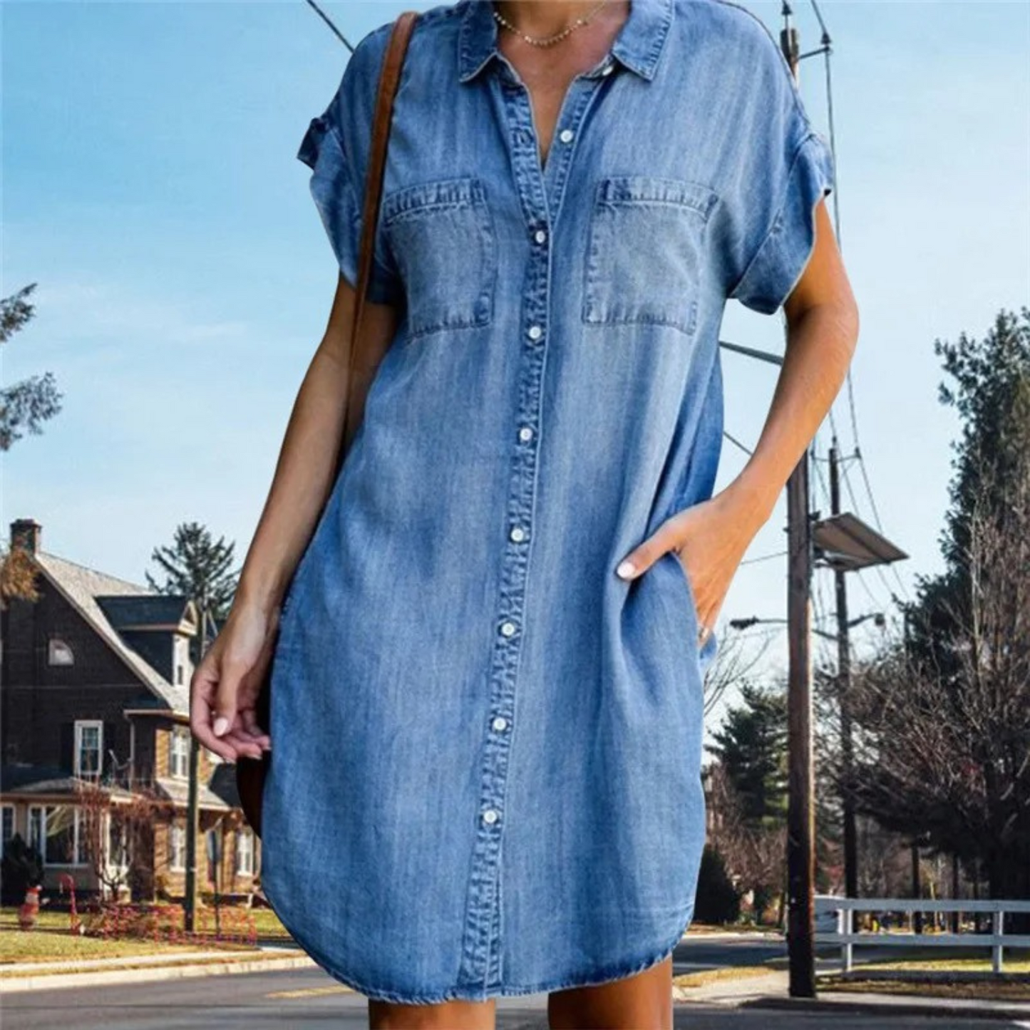 Women's Denim Shirt Dress - Button Down - Short Sleeve - Casual Relaxed Fit