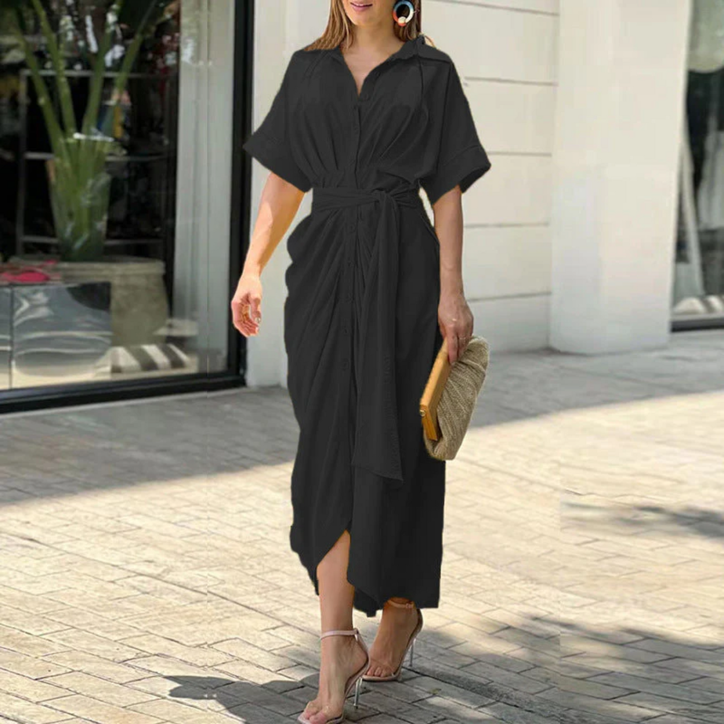 Women's Maxi Dress - Tropical Print - V-Neck - Short Sleeve - Tie Waist - Flowy Elegant