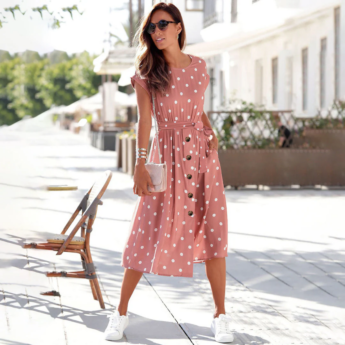 Women's Midi Dress - Polka Dot - Short Sleeve - Button Front with Waist Tie