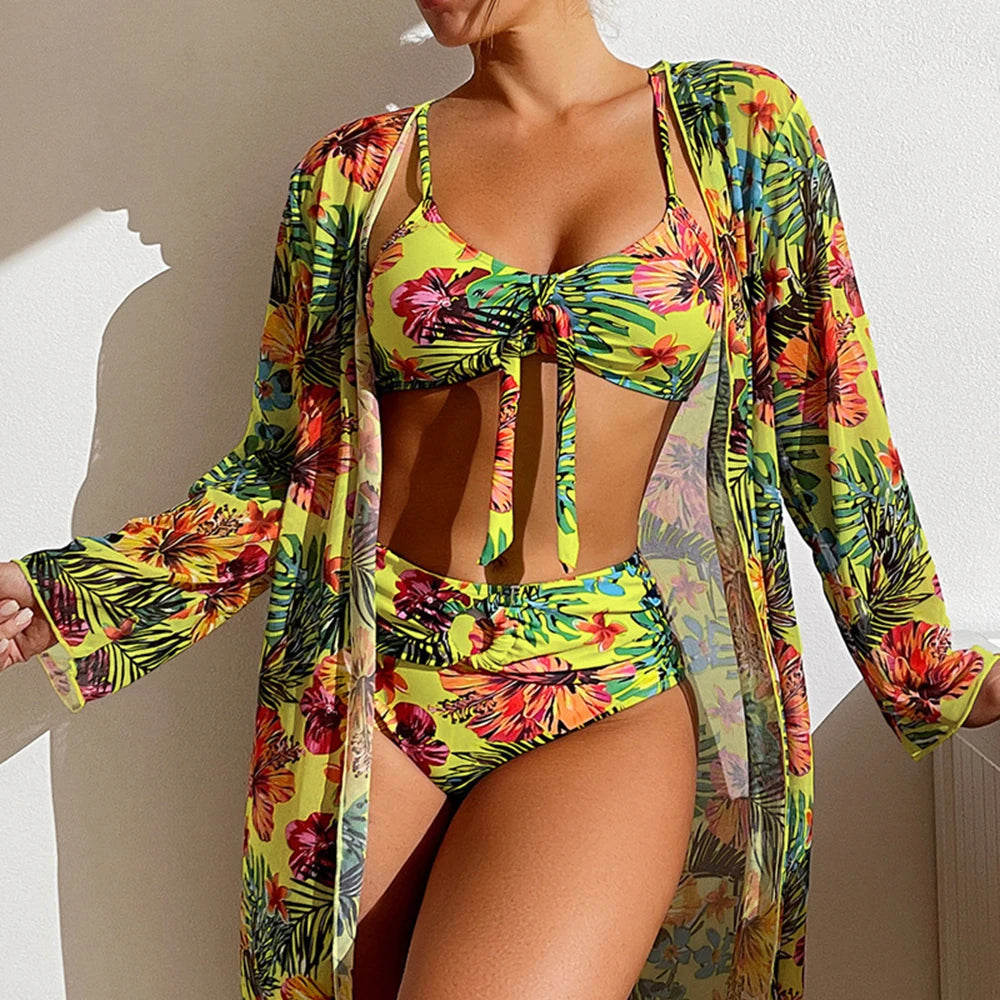Sheer Three-Piece Bikini Set with Tie Front