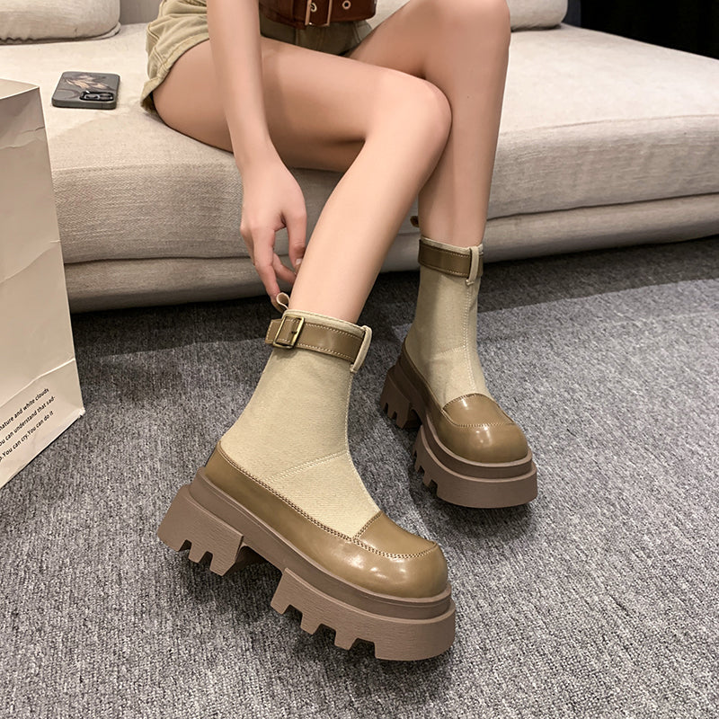 Women's canvas short boots thick-soled zipper