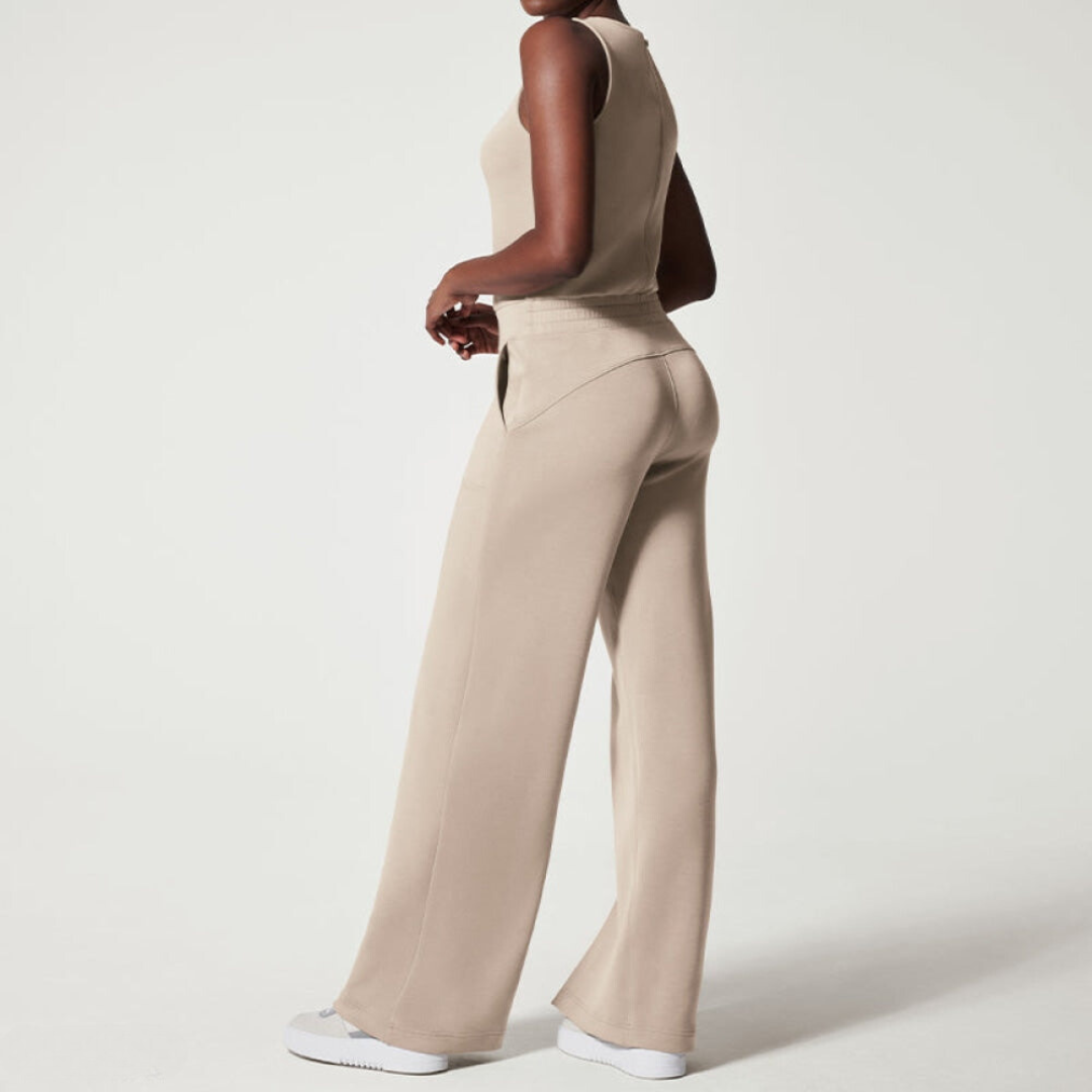 Women's Two-Piece Set - Sleeveless Fitted Top & Wide-Leg Pants - High Waist Adjustable Fit