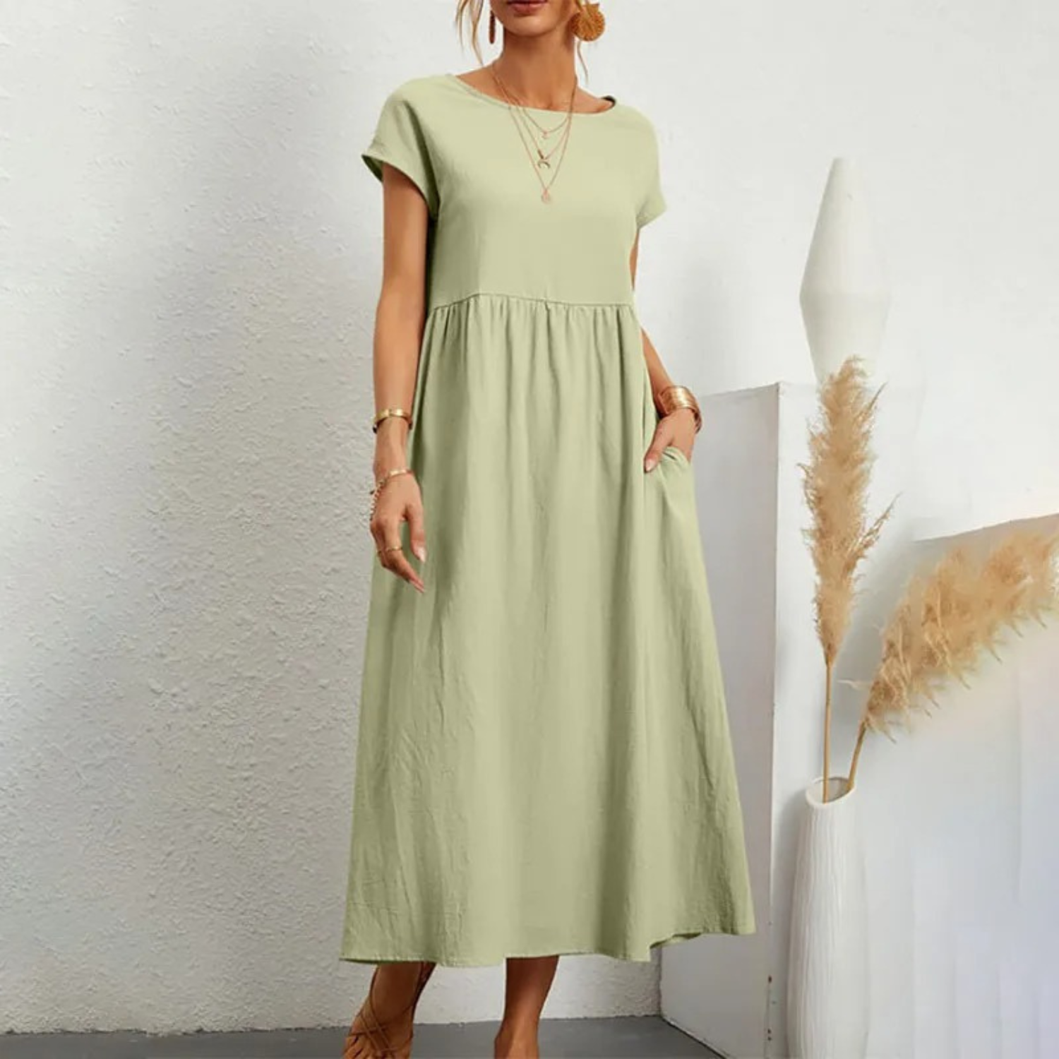 Relaxed Linen Empire Waist Maxi Dress