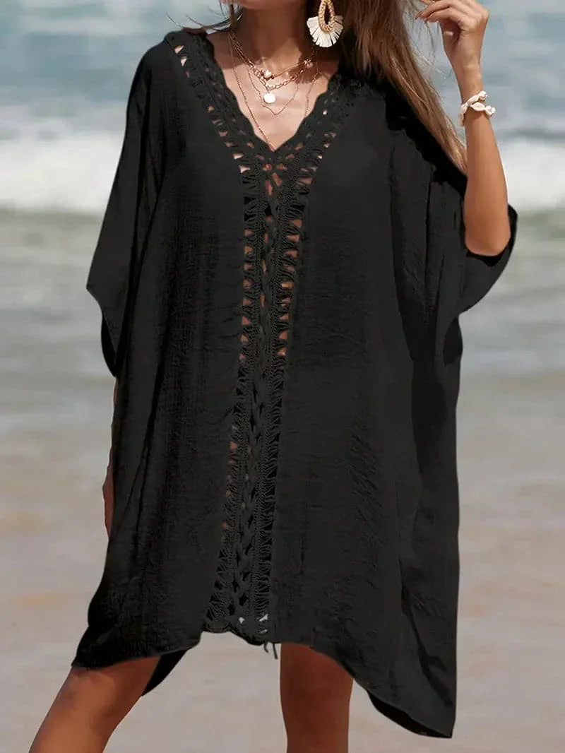 Women’s Kimono Cover-Up – Relaxed Fit – Natural Fibers – Lace Trim – Short Sleeve